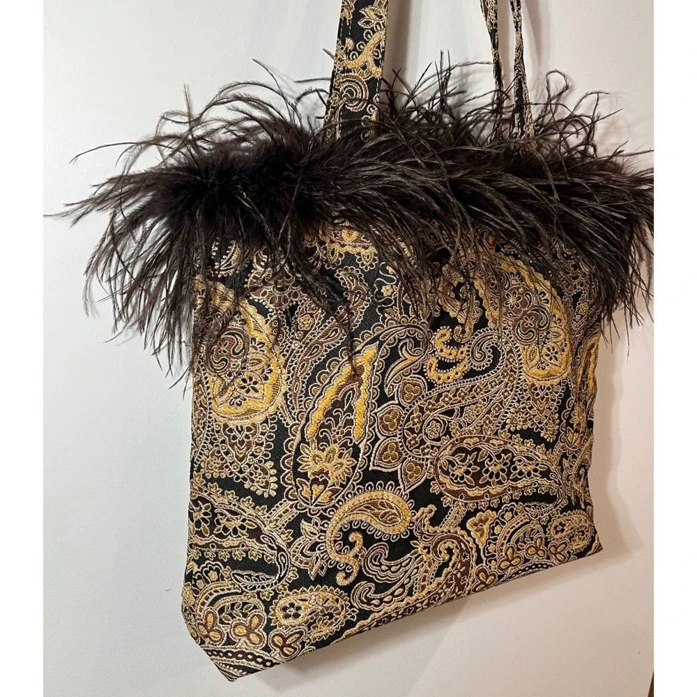 CBK Paisley Feather Tote Bag Brown Gold Tapestry Ostrich Trim Statement Large OS